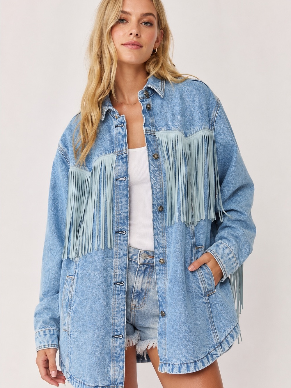 We The Free Fringe Denim Western Shacket Jacket XL Oversized Boho Festival